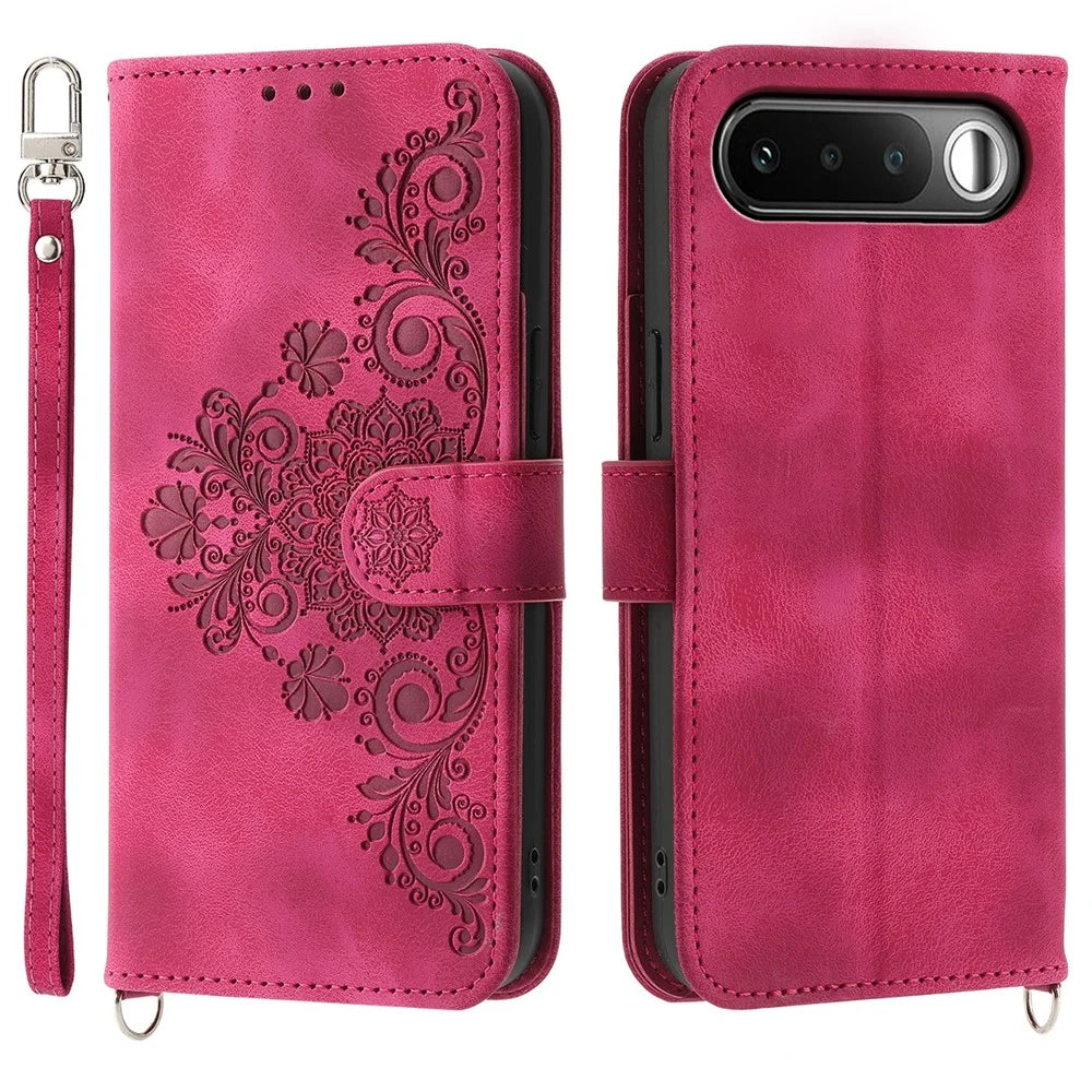 For Realme 16 5G Wallet Case Flower Pattern PU Leather Phone Cover with Strap - Wine Red - 1