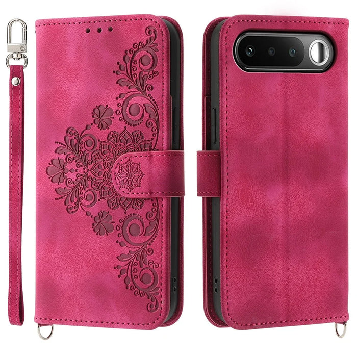For Realme 16 5G Wallet Case Flower Pattern PU Leather Phone Cover with Strap - Wine Red - 1