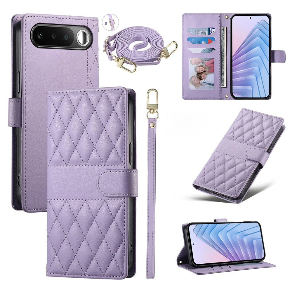 For Realme 16 5G Wallet Case Rhombus Stitching Stand Leather Phone Cover with Long   /   Short Strap - Purple - 1