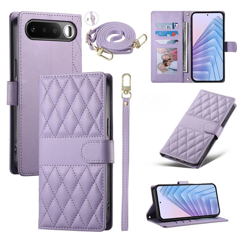 For Realme 16 5G Wallet Case Rhombus Stitching Stand Leather Phone Cover with Long   /   Short Strap - Purple - 1