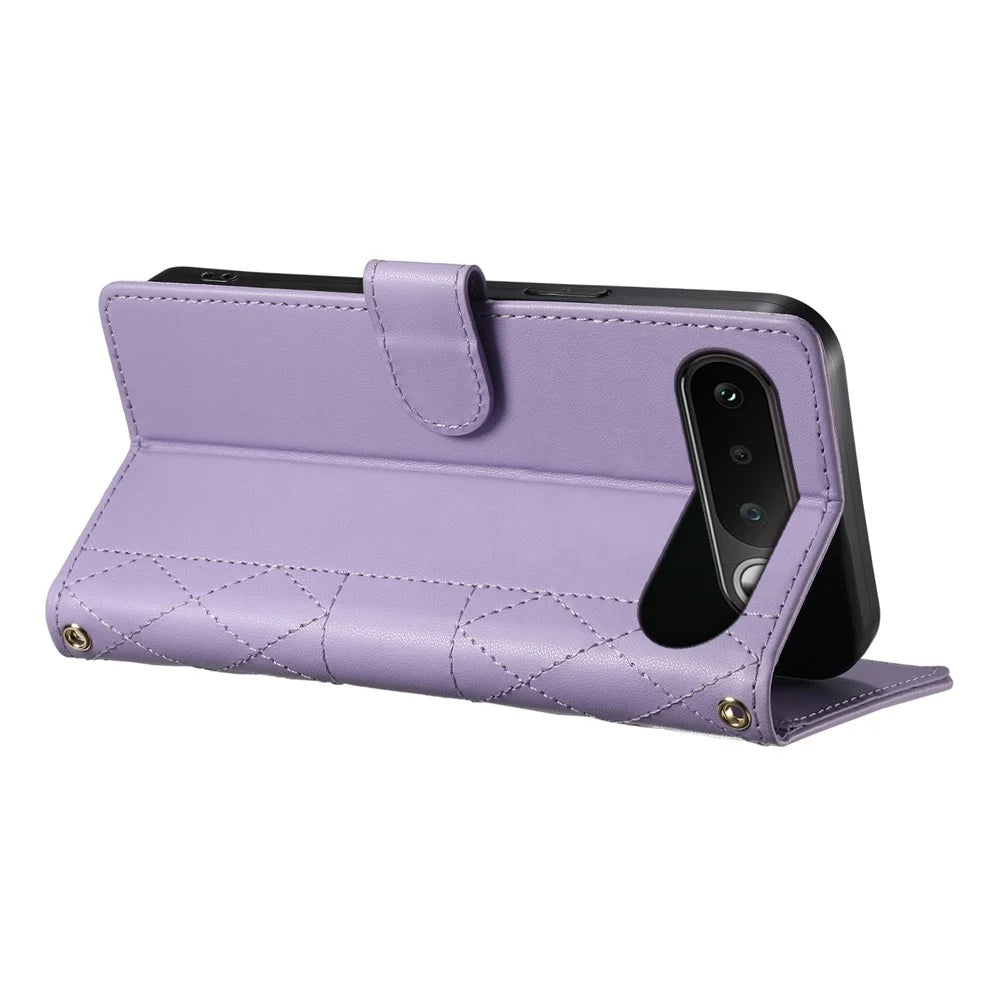 For Realme 16 5G Wallet Case Rhombus Stitching Stand Leather Phone Cover with Long   /   Short Strap - Purple - 4