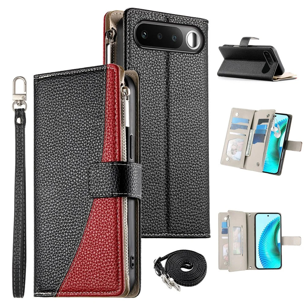 For Realme 16 5G Leather Case Zipper Wallet Color Splicing Flip Phone Cover with Straps - Black - 1