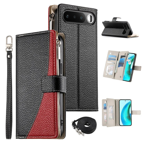 For Realme 16 5G Leather Case Zipper Wallet Color Splicing Flip Phone Cover with Straps - Black - 1