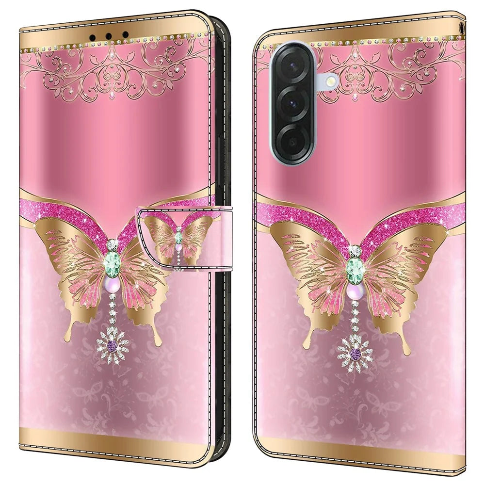 For Samsung Galaxy A27 5G Wallet Case 3D Pattern PU Leather Phone Cover with Stand - Pink / Gold Butterfly - 1