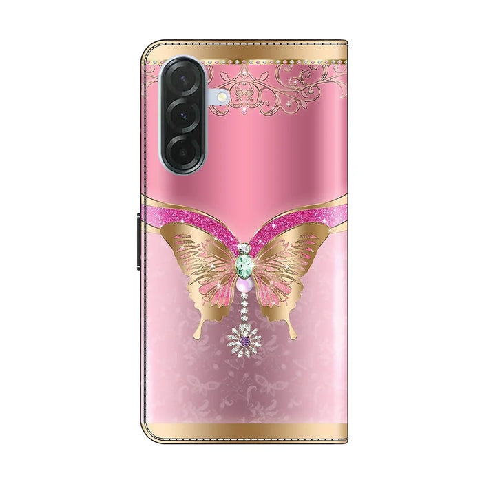 For Samsung Galaxy A27 5G Wallet Case 3D Pattern PU Leather Phone Cover with Stand - Pink / Gold Butterfly - 6