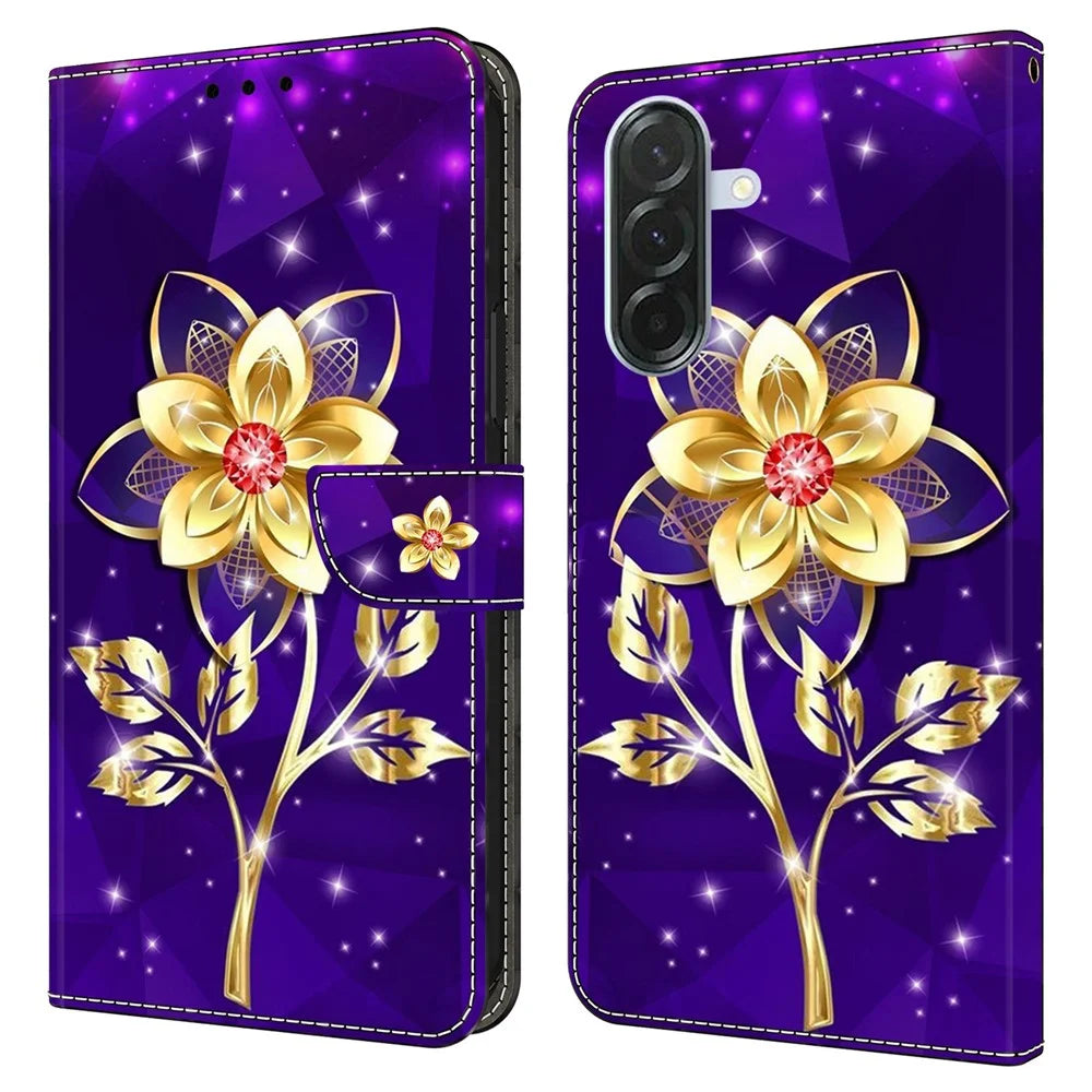 For Samsung Galaxy A27 5G Wallet Case Pattern Printing PU Leather Flip Stand Phone Cover - Golden Flowers on Purple - 1