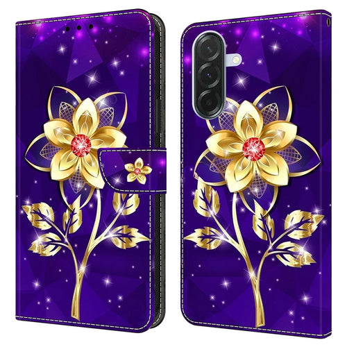 For Samsung Galaxy A27 5G Wallet Case Pattern Printing PU Leather Flip Stand Phone Cover - Golden Flowers on Purple - 1