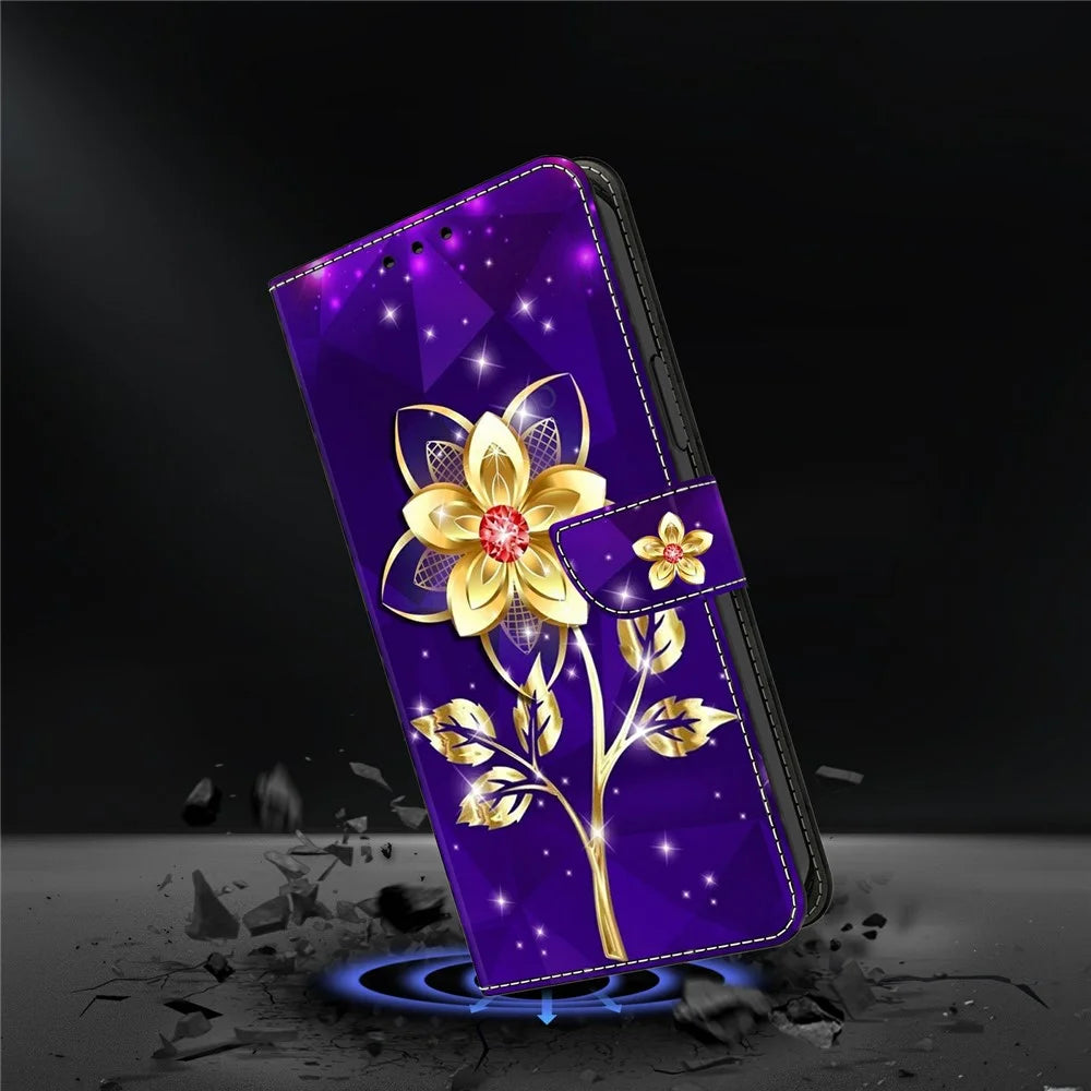 For Samsung Galaxy A27 5G Wallet Case Pattern Printing PU Leather Flip Stand Phone Cover - Golden Flowers on Purple - 4