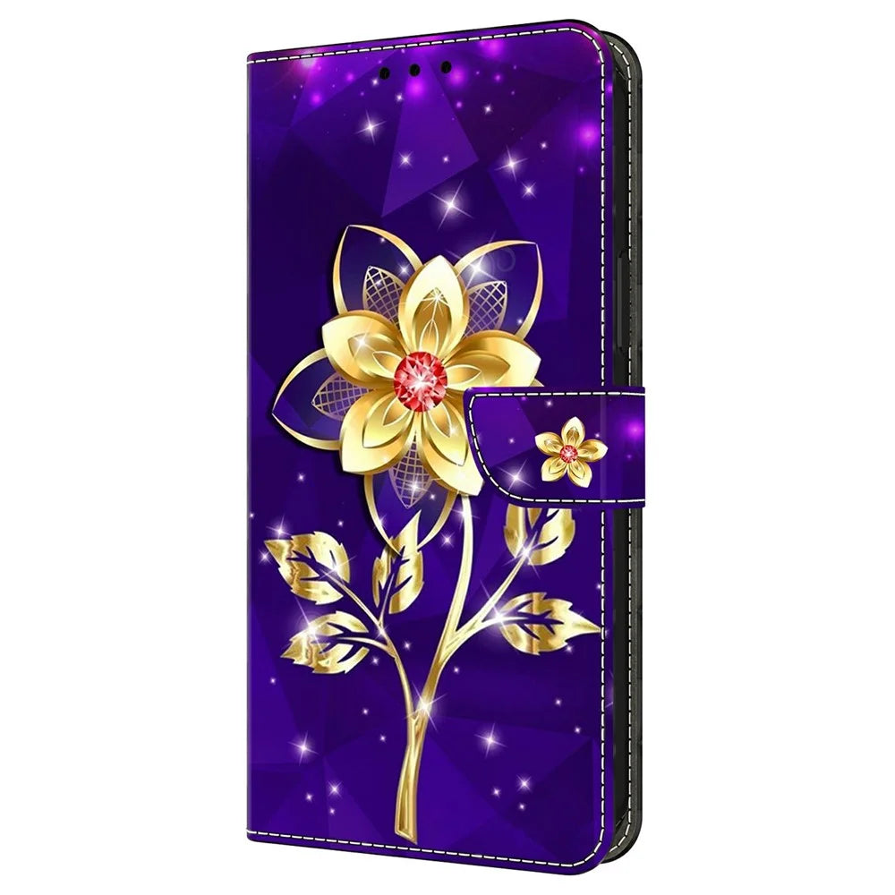 For Samsung Galaxy A27 5G Wallet Case Pattern Printing PU Leather Flip Stand Phone Cover - Golden Flowers on Purple - 5