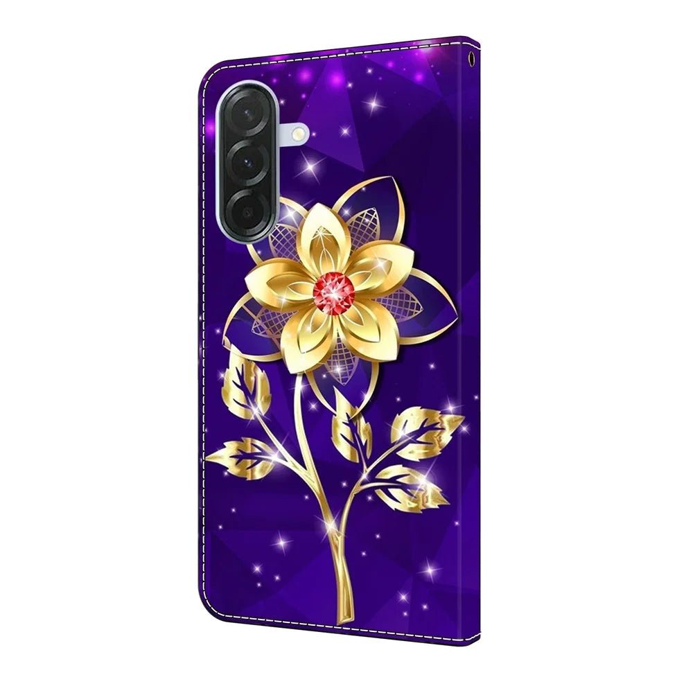 For Samsung Galaxy A27 5G Wallet Case Pattern Printing PU Leather Flip Stand Phone Cover - Golden Flowers on Purple - 6