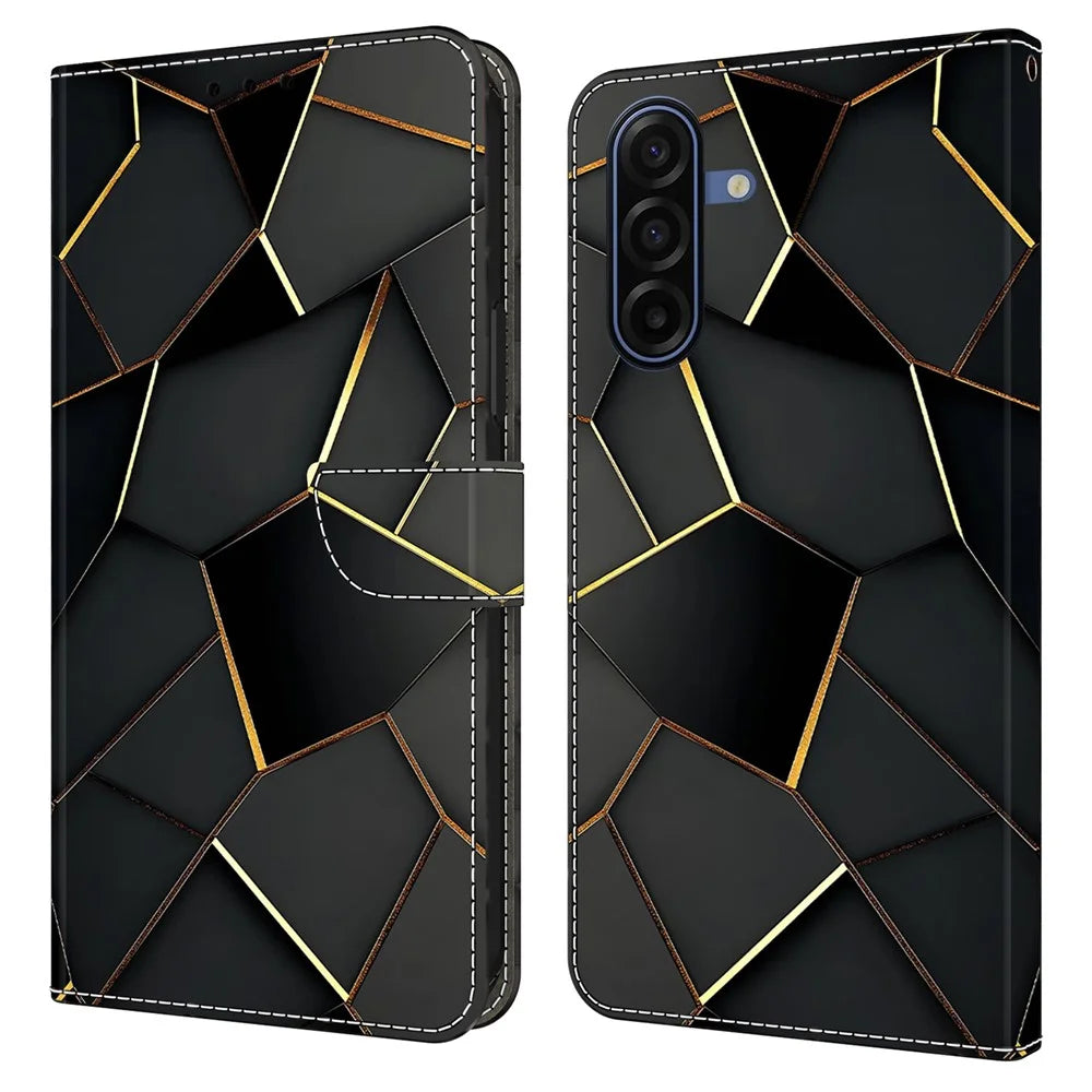 For Samsung Galaxy A27 5G Wallet Case Foldable Stand Pattern Printing Leather Flip Phone Cover - Black Gold Beveled Edges - 1