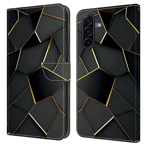 For Samsung Galaxy A27 5G Wallet Case Foldable Stand Pattern Printing Leather Flip Phone Cover - Black Gold Beveled Edges - 1