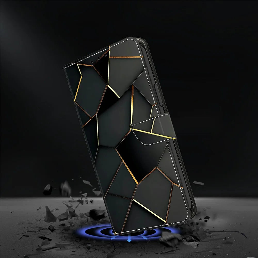 For Samsung Galaxy A27 5G Wallet Case Foldable Stand Pattern Printing Leather Flip Phone Cover - Black Gold Beveled Edges - 5