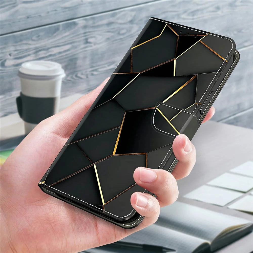 For Samsung Galaxy A27 5G Wallet Case Foldable Stand Pattern Printing Leather Flip Phone Cover - Black Gold Beveled Edges - 6