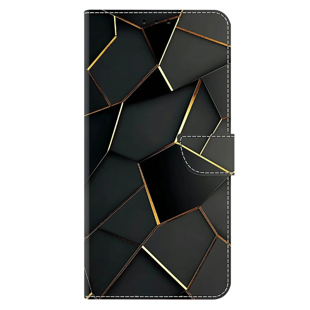 For Samsung Galaxy A27 5G Wallet Case Foldable Stand Pattern Printing Leather Flip Phone Cover - Black Gold Beveled Edges - 7