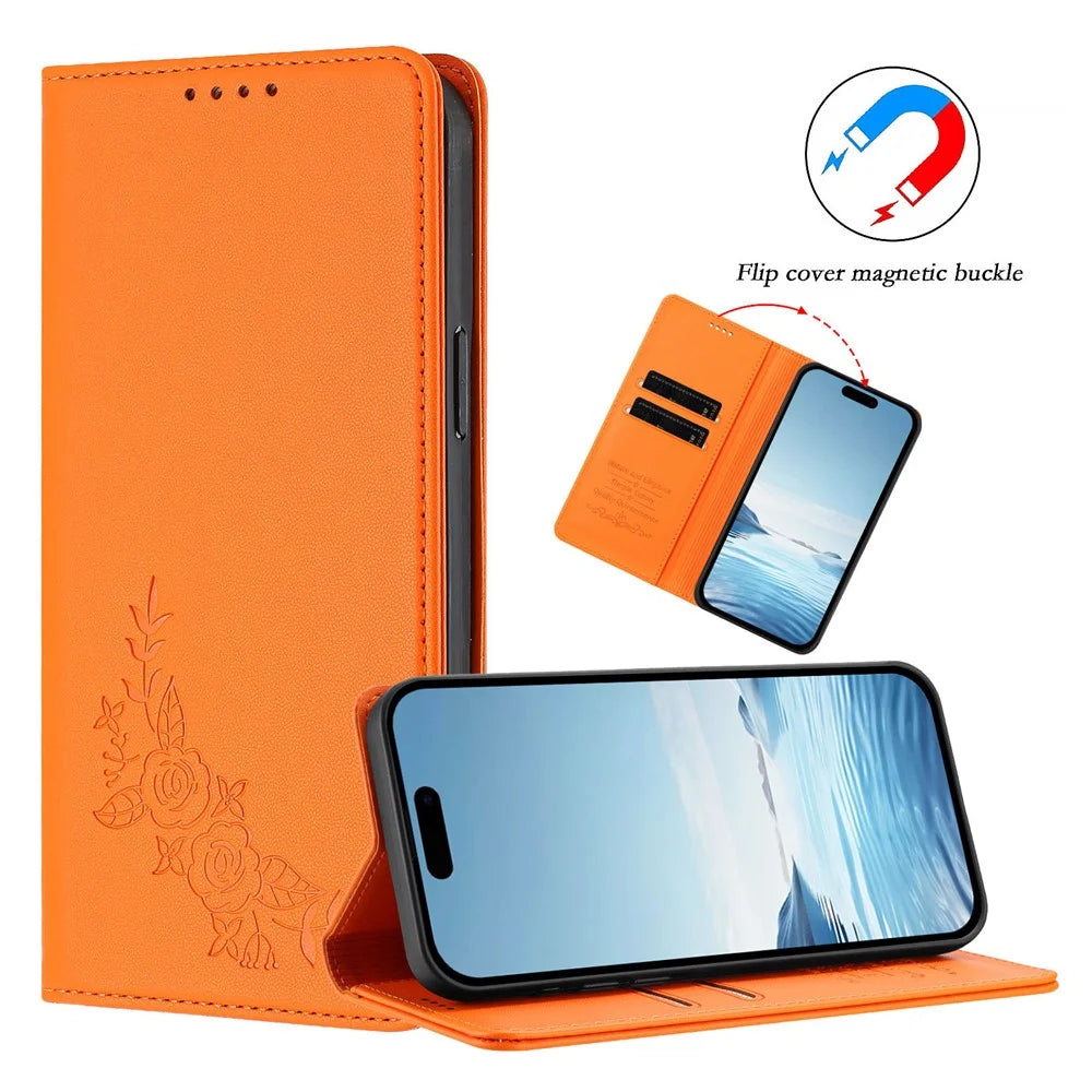 For iPhone 18 Pro / 17 Pro Wallet Stand Case Peony Flower Pattern TPU PU Leather Flip Cover - Orange - 3