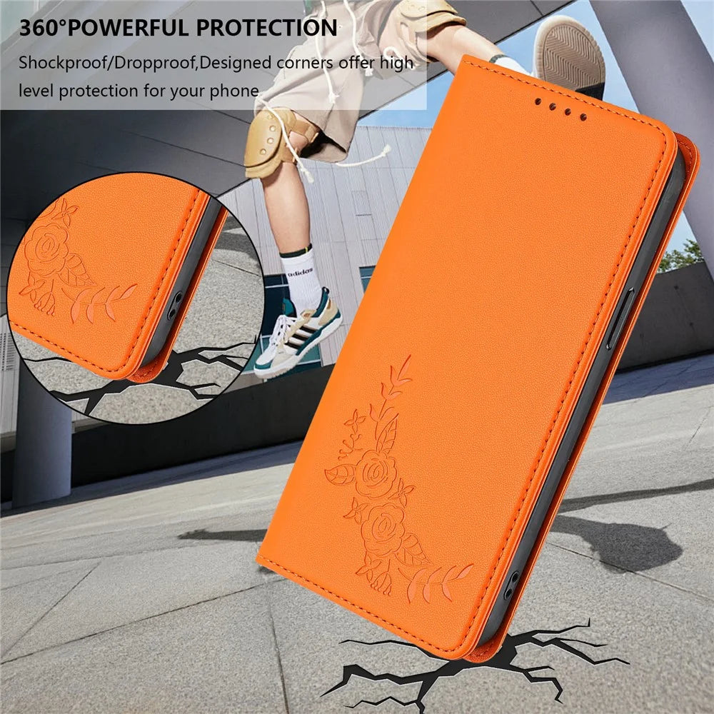 For iPhone 18 Pro / 17 Pro Wallet Stand Case Peony Flower Pattern TPU PU Leather Flip Cover - Orange - 5