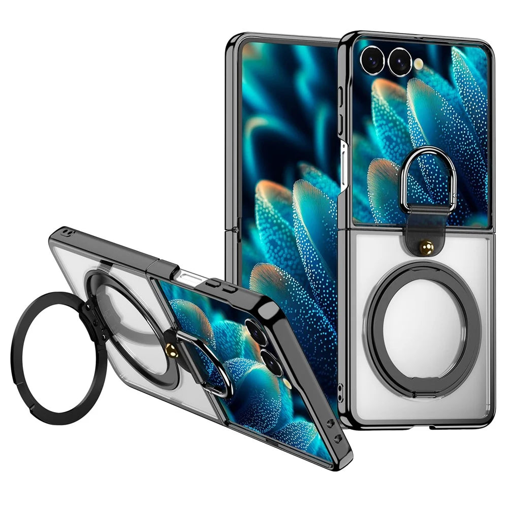 For Samsung Galaxy Z Flip7 5G Transparent Case with 360° Magnetic Ring Holder UV Scratch-resistant Shockproof Cover - Black - 1