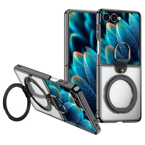 For Samsung Galaxy Z Flip7 5G Transparent Case with 360° Magnetic Ring Holder UV Scratch-resistant Shockproof Cover - Black - 1