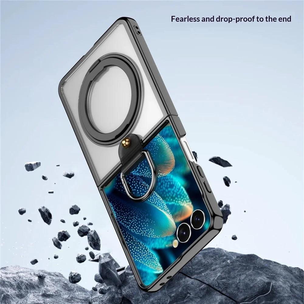 For Samsung Galaxy Z Flip7 5G Transparent Case with 360° Magnetic Ring Holder UV Scratch-resistant Shockproof Cover - Black - 2