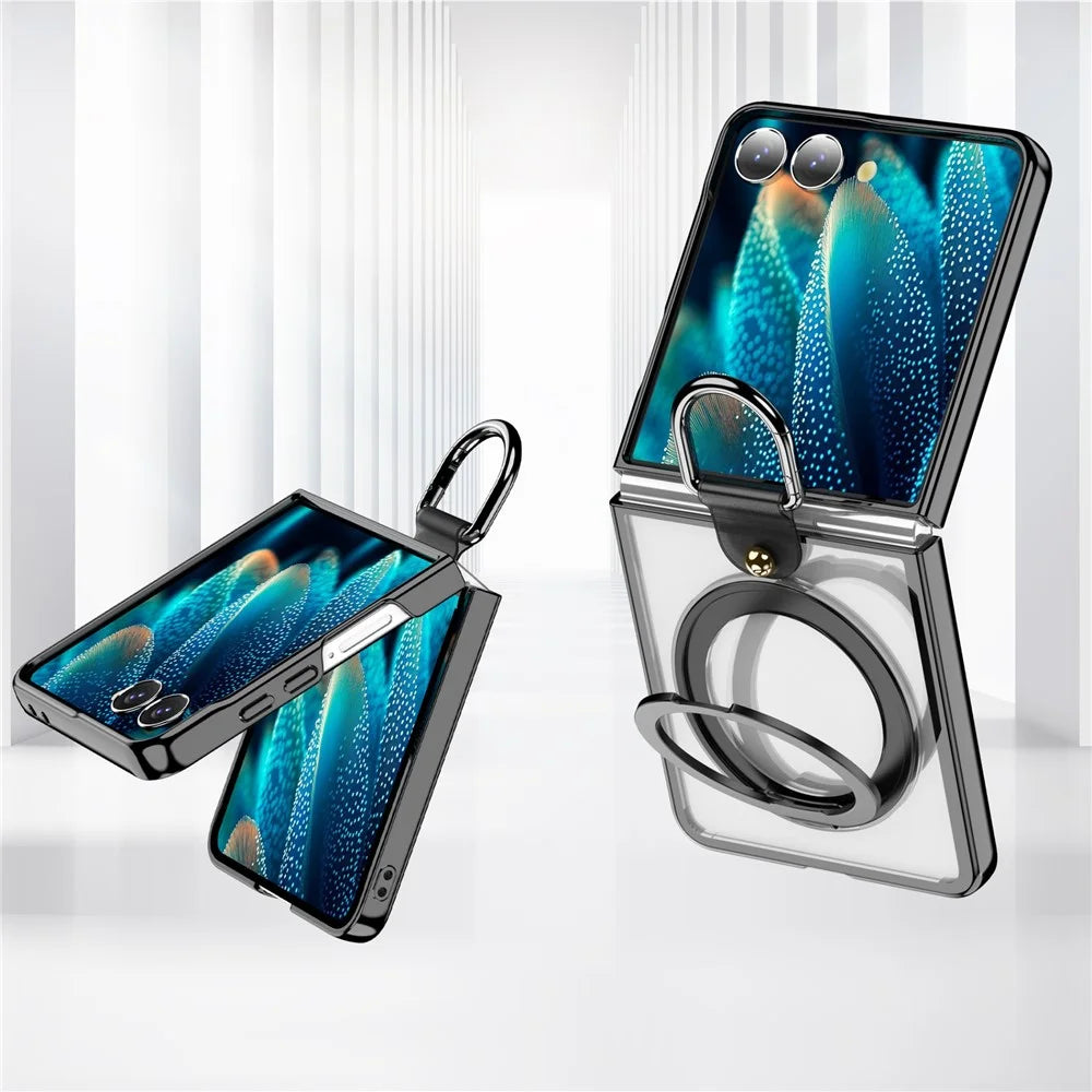 For Samsung Galaxy Z Flip7 5G Transparent Case with 360° Magnetic Ring Holder UV Scratch-resistant Shockproof Cover - Black - 6
