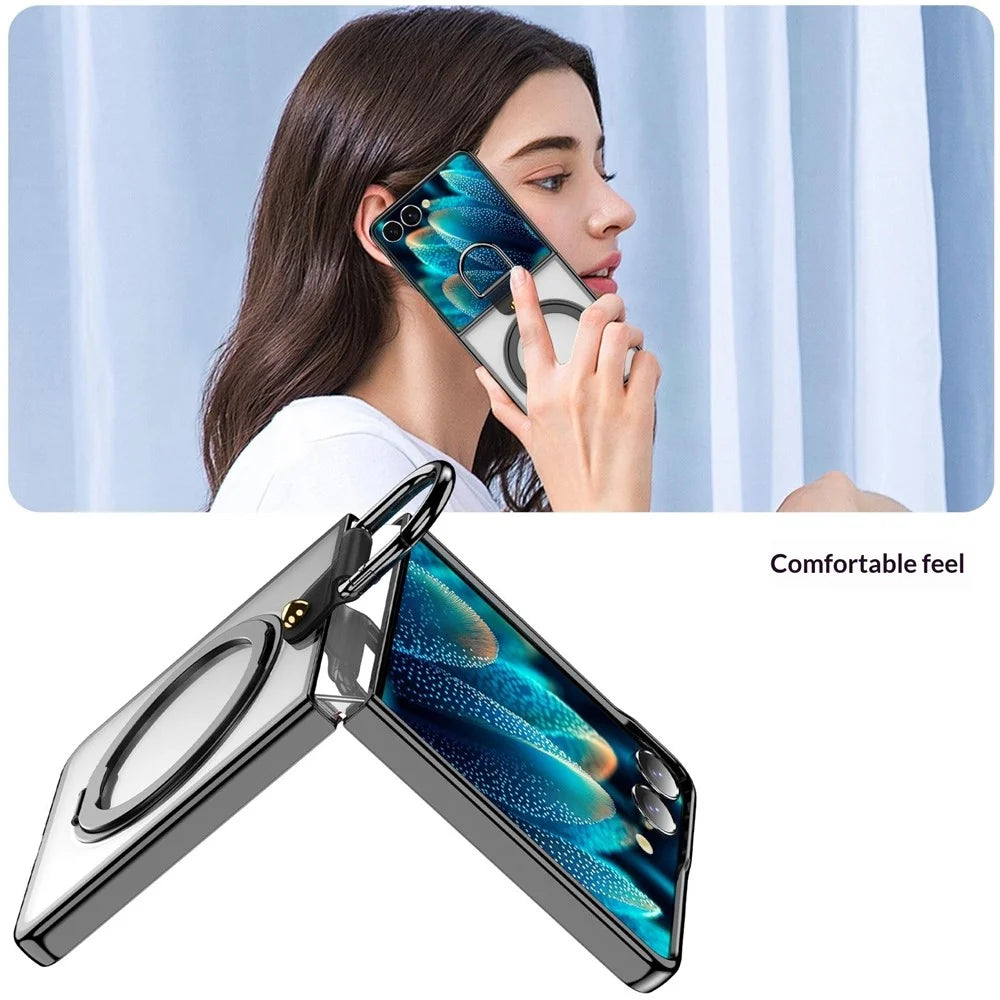 For Samsung Galaxy Z Flip7 5G Transparent Case with 360° Magnetic Ring Holder UV Scratch-resistant Shockproof Cover - Black - 7