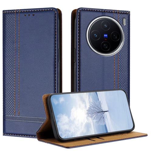 For vivo X300s 5G Case L-Shaped Grid Pattern Leather Stand Phone Cover with Card Slots - Blue - 1