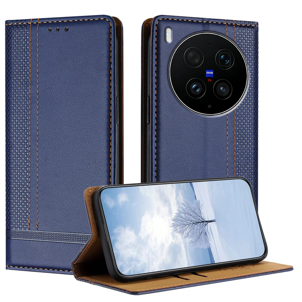 For vivo X300 Ultra 5G Case L-Shaped Grid Pattern Leather Stand Phone Cover with Card Slots - Blue - 1