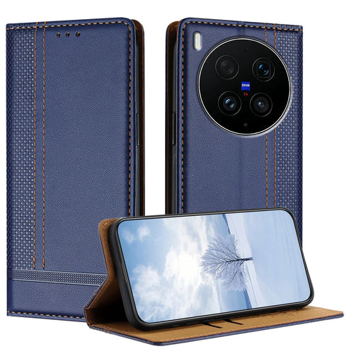 For vivo X300 Ultra 5G Case L-Shaped Grid Pattern Leather Stand Phone Cover with Card Slots - Blue - 1