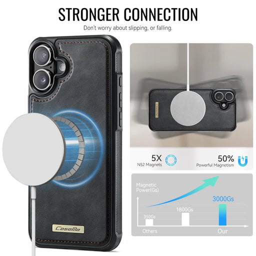 CaseMe For iPhone 16 C69 Series Magnetic Case Leather Coated TPU Phone Cover - Black - 2