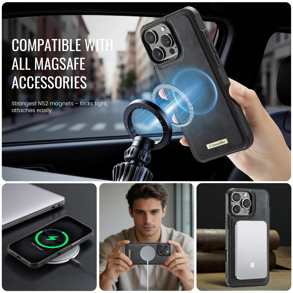 CaseMe For iPhone 16 Pro C69 Series Magnetic Case Leather Coated TPU Phone Cover - Black - 5