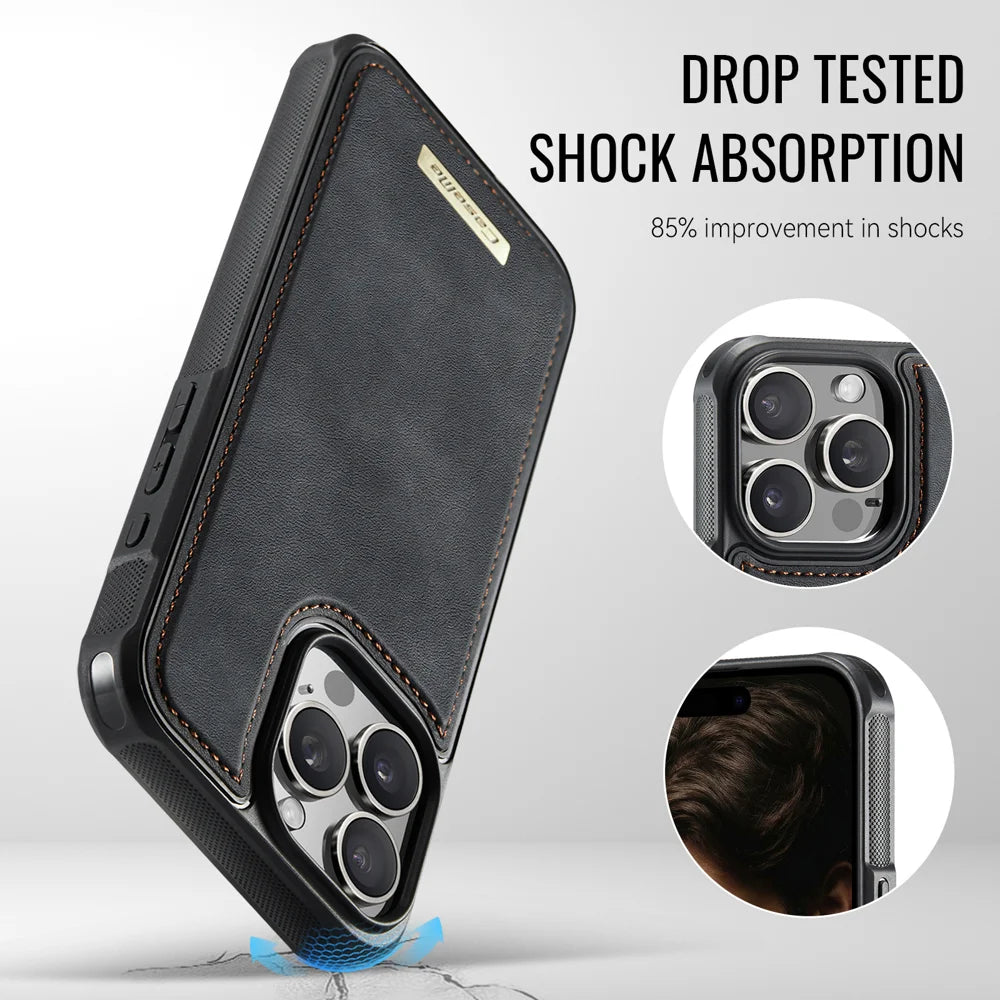 CaseMe For iPhone 16 Pro C69 Series Magnetic Case Leather Coated TPU Phone Cover - Black - 6