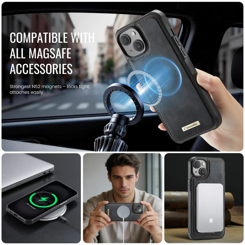 CaseMe For iPhone 14 Plus / iPhone 15 Plus C69 Series Magnetic Case Leather Coated TPU Phone Cover - Black - 5