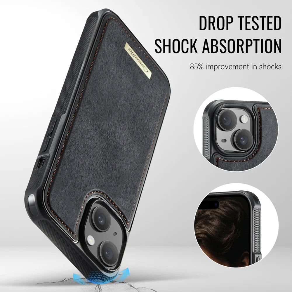 CaseMe For iPhone 14 Plus / iPhone 15 Plus C69 Series Magnetic Case Leather Coated TPU Phone Cover - Black - 6