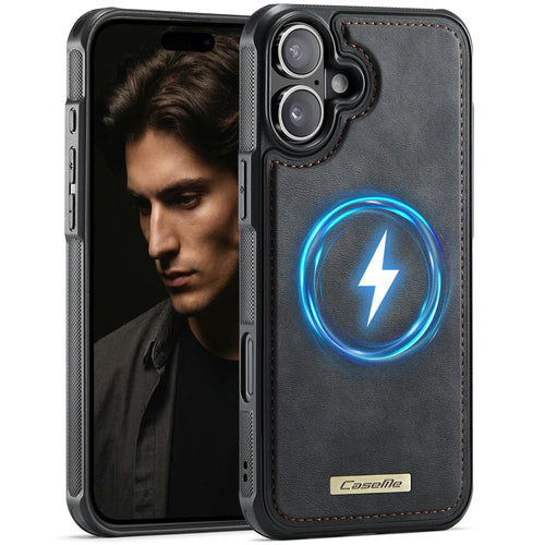 CaseMe For iPhone 16 Plus C69 Series Magnetic Case Leather Coated TPU Phone Cover - Black - 1