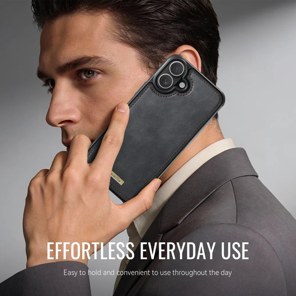 CaseMe For iPhone 16 Plus C69 Series Magnetic Case Leather Coated TPU Phone Cover - Black - 3