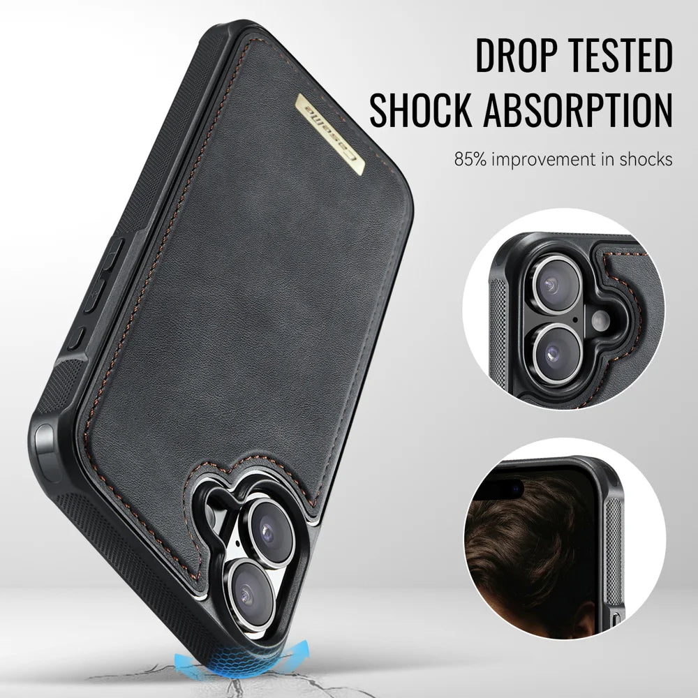 CaseMe For iPhone 16 Plus C69 Series Magnetic Case Leather Coated TPU Phone Cover - Black - 6