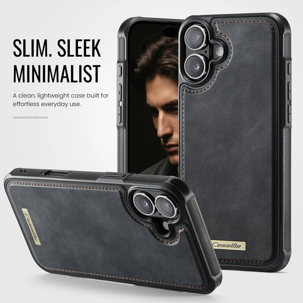 CaseMe For iPhone 16 Plus C69 Series Magnetic Case Leather Coated TPU Phone Cover - Black - 7
