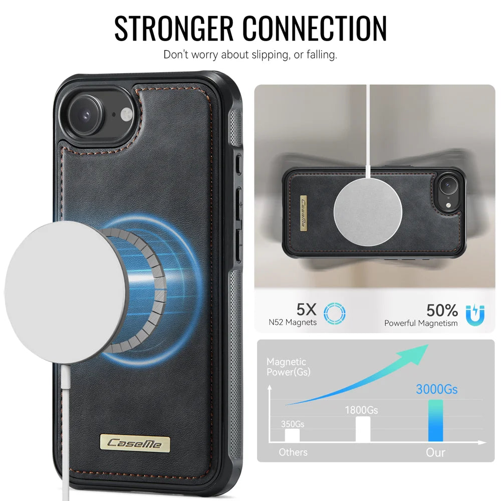 CaseMe For iPhone 16e / iPhone 17e C69 Series Magnetic Case Leather Coated TPU Phone Cover - Black - 2