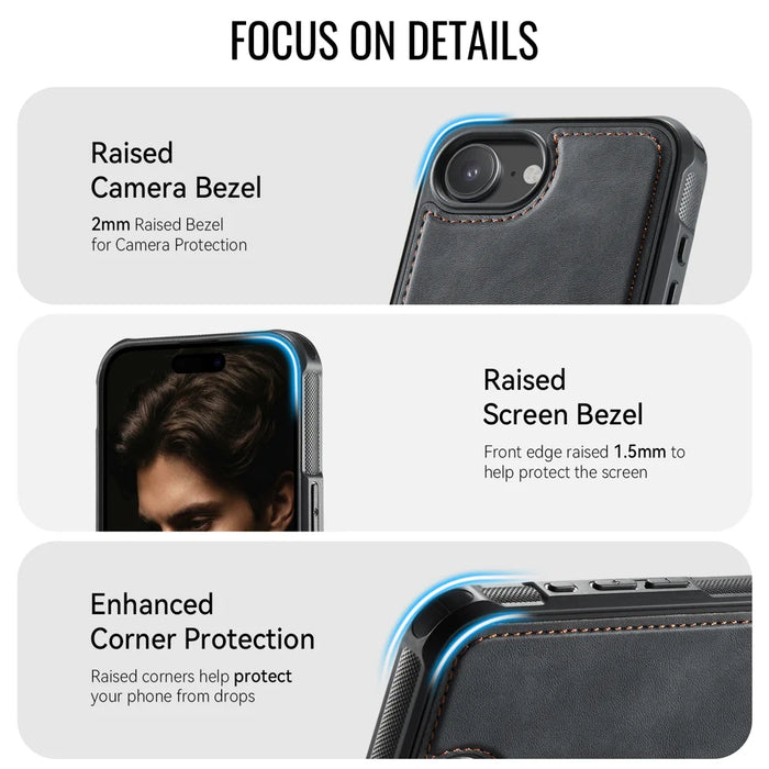 CaseMe For iPhone 16e / iPhone 17e C69 Series Magnetic Case Leather Coated TPU Phone Cover - Black - 4