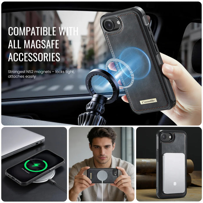 CaseMe For iPhone 16e / iPhone 17e C69 Series Magnetic Case Leather Coated TPU Phone Cover - Black - 5