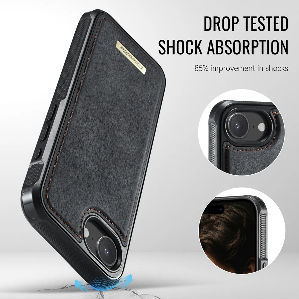 CaseMe For iPhone 16e / iPhone 17e C69 Series Magnetic Case Leather Coated TPU Phone Cover - Black - 6