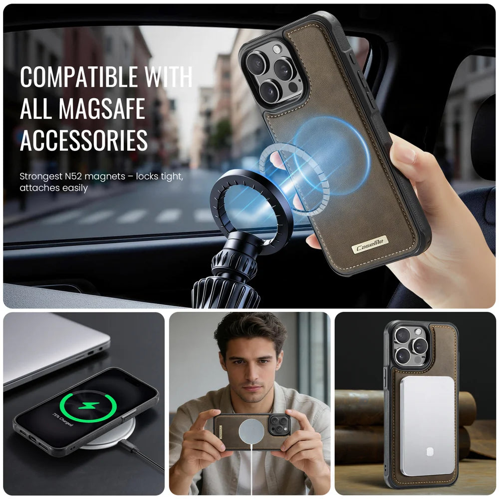 CaseMe For iPhone 13 Pro C69 Series Magnetic Case Leather Coated TPU Phone Cover - Coffee - 5