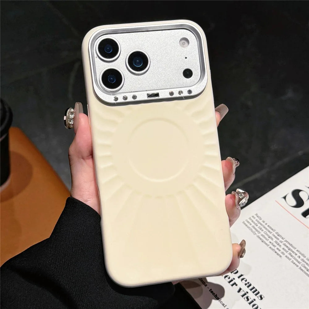 For iPhone 17 Pro Case Compatible with MagSafe Sun Pattern Rhinestone Metal Camera Frame Liquid Silicone Phone Cover - Beige - 1