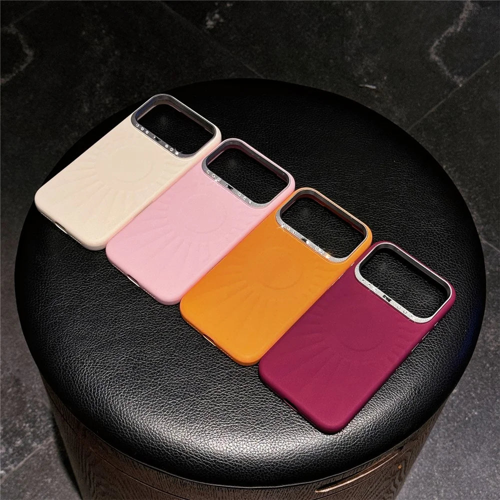 For iPhone 17 Pro Case Compatible with MagSafe Sun Pattern Rhinestone Metal Camera Frame Liquid Silicone Phone Cover - Beige - 7
