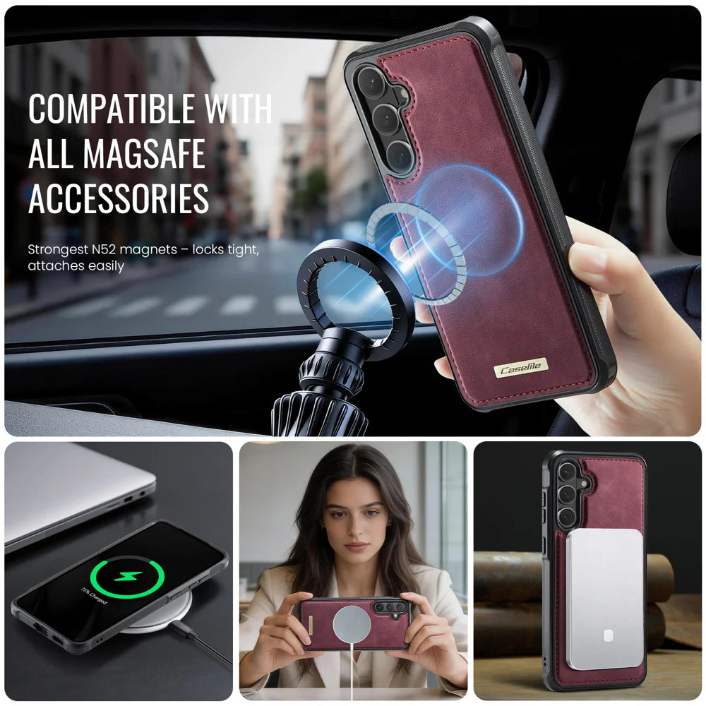 CaseMe For Samsung Galaxy S26+ C69 Series Magnetic Case Leather Coated TPU Phone Cover - Red - 5