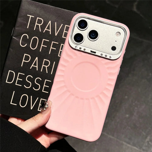 For iPhone 17 Pro Max Case Compatible with MagSafe Sun Pattern Rhinestone Metal Camera Frame Liquid Silicone Phone Cover - Pink - 1