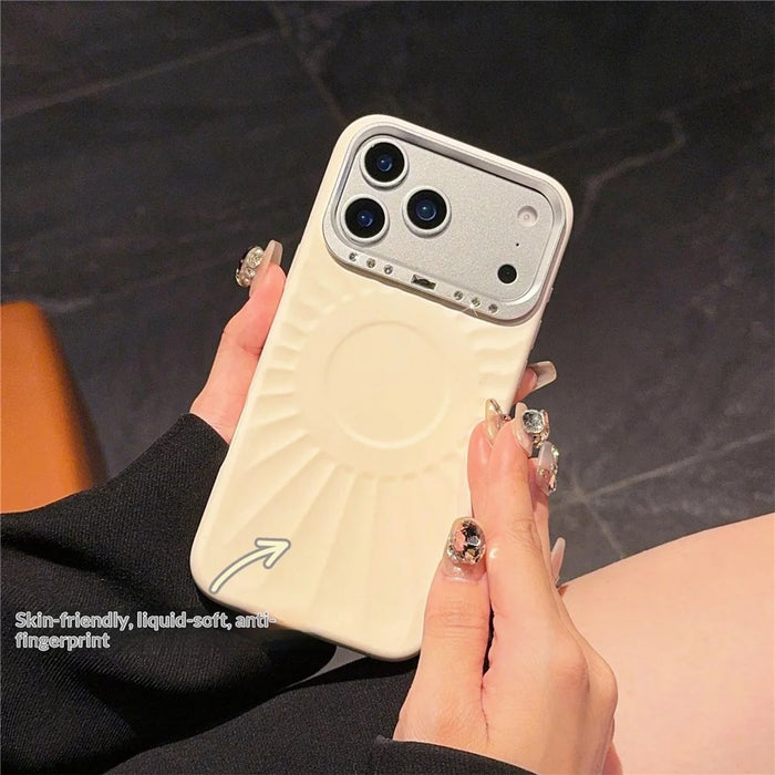 For iPhone 17 Pro Max Case Compatible with MagSafe Sun Pattern Rhinestone Metal Camera Frame Liquid Silicone Phone Cover - Pink - 2