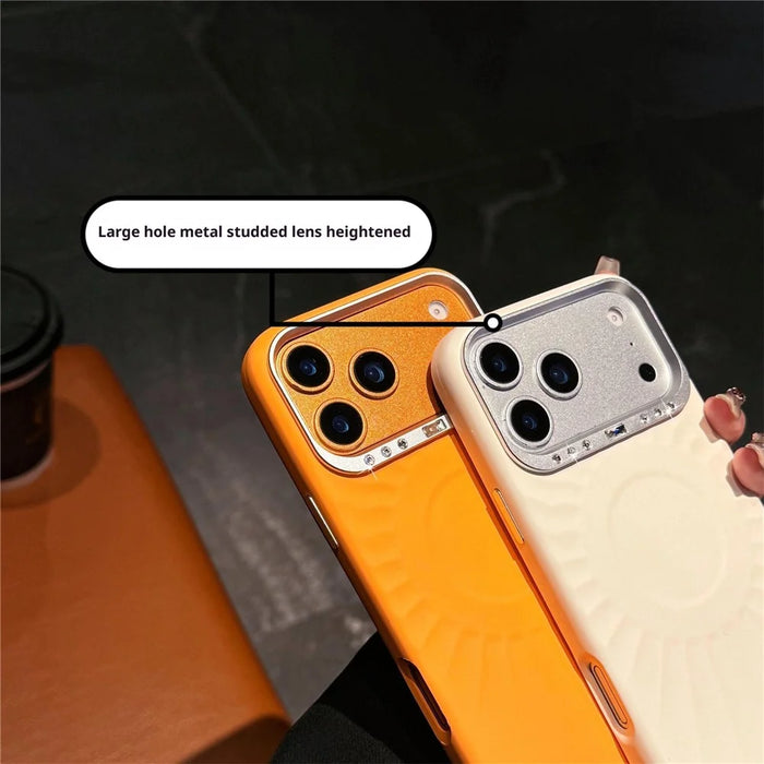 For iPhone 17 Pro Max Case Compatible with MagSafe Sun Pattern Rhinestone Metal Camera Frame Liquid Silicone Phone Cover - Pink - 5