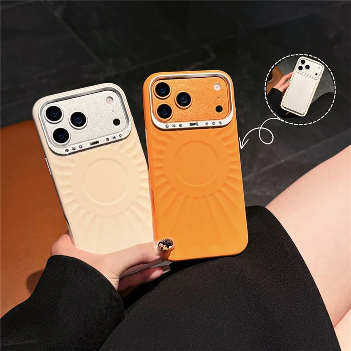 For iPhone 17 Pro Max Case Compatible with MagSafe Sun Pattern Rhinestone Metal Camera Frame Liquid Silicone Phone Cover - Pink - 6